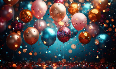 Party Background with lights, confetti, balloons golden particles and serpentine on a Dark Cyan and black colored background.