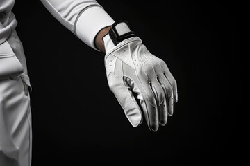 Golfer's gloved hand resting on hip.