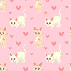 Seamless pattern kitty with heart, pink cute, vector illustration for fabric, print