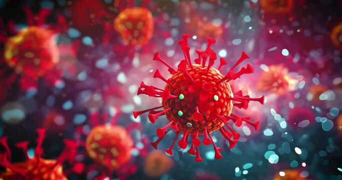 a magnified view of the SARS-CoV-2 BA.2.86 variant and JN.1 The virus is depicted as a spherical structure with red spikes protruding from its surface 3d rendering