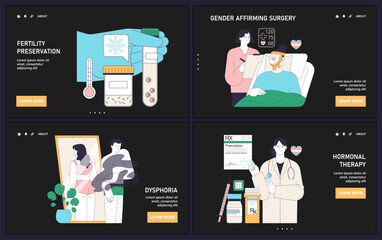 Gender transition process dark or night mode web or landing set. Gender-affirming therapy for transgender people. Gender dysphoria, hormone therapy, sex reassignment surgery. Flat vector illustration