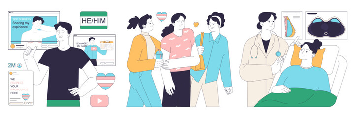 Gender transition consequences set. Gender-affirming therapy, positive and negative experience. Transgender person mental health, legalization, activism and discrimination. Flat vector illustration