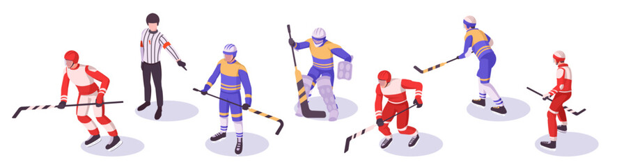 Fototapeta premium Group of hockey players of different team in various position wearing sport equipment and helmet playing game on winter championship. Isometric vector illustration
