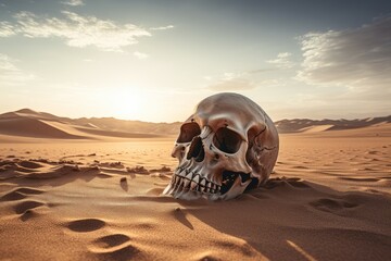 Ancient Human skull in desert. Dead head. Generate Ai