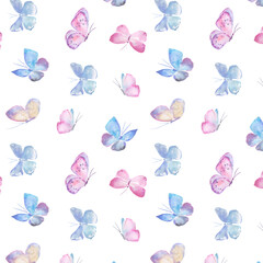 Hand painted watercolor butterfly pattern, fabric pattern, background with  colorful butterflies, insects, pastel, watercolor illustration	