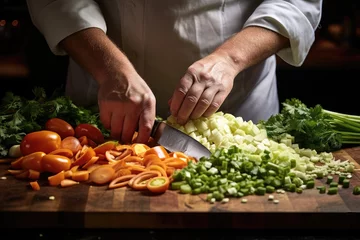 Fototapeten Chef finely chopping fresh vegetables on a wooden cutting board. © AdriFerrer