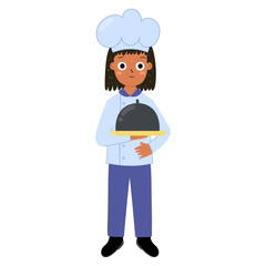 Cute kid chef in cartoon style for kids. Girl cooker in a hat and uniform holding a plate isolated on white background. Learning professions clipart for school and preschool. Vector illustration
