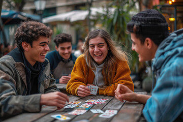 Group of young people happily playing cards together
