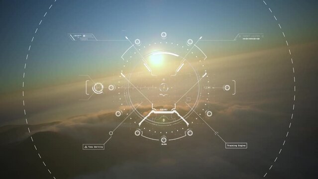 Military drone aircraft cockpit, dashboard infographics display searching target