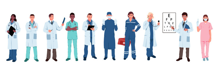 Group of doctor in white gown holding clipboard, male and female medic wearing uniform. Hospital employee standing in row. Pharmacist medicine. Emergency treatment concept. Vector illustration