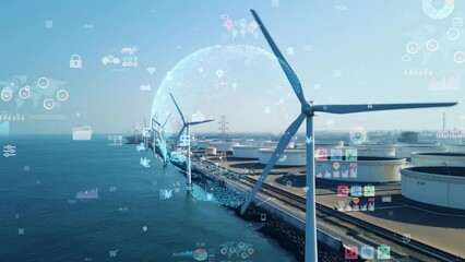 Modern wind power plant aerial view and statistics data concept. Environmental technology. Sustainable development goals. SDGs. Group of people. Human Resources. - Powered by Adobe