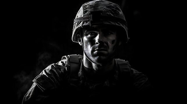 Close-up veteran male in camouflage uniform on the war, experiencing the pain of PTSD. Concept of mental health, depression, rehabilitation