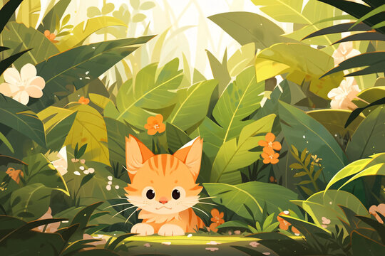 Spring and summer cats playing among grass and flowers, children's picture book concept illustration background