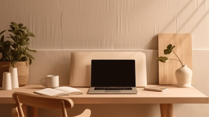 Modern workspace with laptop, coffee cup, notebook and decorations on wooden table