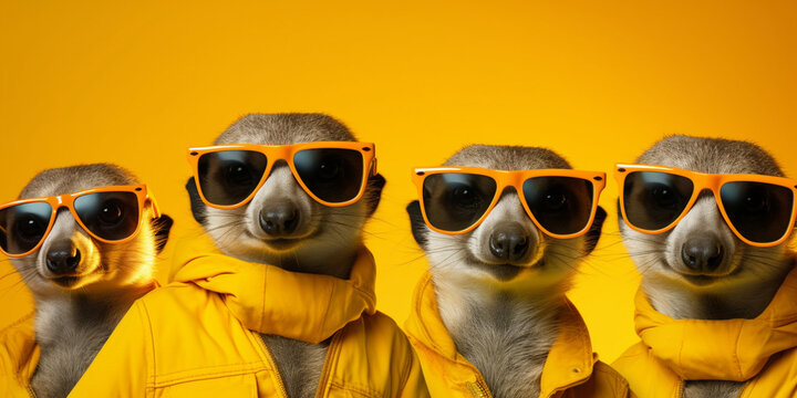a trio of meerkats wearing stylish sunglasses and striking a pose, animal banner with empty space for text, Cool mongoose in sunglasses posing in front of a yellow background.