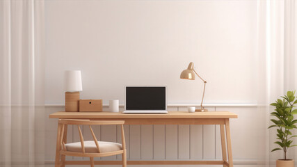 Laptop on wooden table in modern room with white wall,