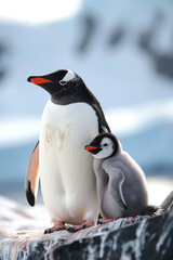 A penguin with her cub, mother love and care in wildlife scene