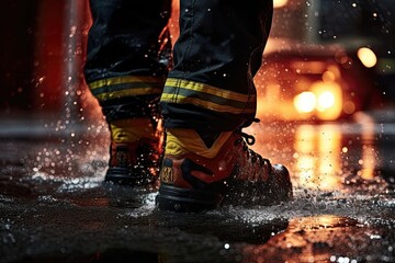 Close-up of firefighter's boots in water, blurred lights.