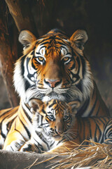 A tiger with her cub, mother love and care in wildlife scene