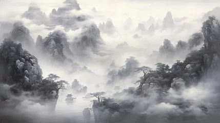 Poster Black and white Chinese style ink style landscape painting, hand-painted national style artistic conception ink style landscape painting illustration © lin