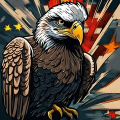 Fototapeta premium An American bald eagle bird in the illustration style of a superhero comic book.