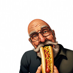 Man eating a hot dog, funny cartoon look. Copy space. Stuffing a loaded hot dog into his mouth. "Man bites Dog"