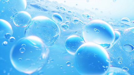 Air bubbles in water on blue background, transparent cosmetic blue bubbles concept illustration under water