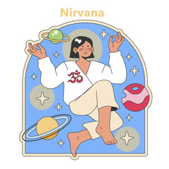 Nirvana concept illustration. A figure in cosmic serenity, symbolizing ultimate spiritual liberation. Flat vector illustration.