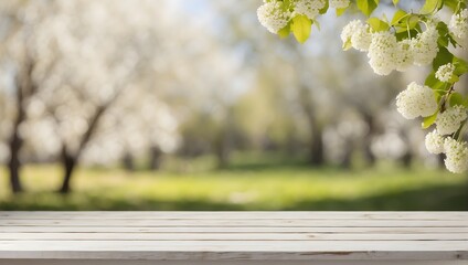 empty white wooden linden table with blurred spring background - obrazy, fototapety, plakaty