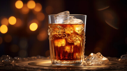 Whiskey with ice in a glass on a dark background.