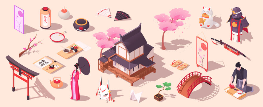 Traditional oriental japanese ancient house with sakura tree. Cultural elements. Asian tradition. Samurai katana and armour, japan food, geisha, bridge, lantern, arch. Isometric vector illustration