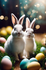 Fototapeta na wymiar Two Easter bunnies and colored eggs on grass and bokeh background