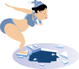 Winter swimming. Woman. Ice hole.
Funny woman in scarf, hat is going to jump into the icy water and looks healthy and happy. Isolated on white background
