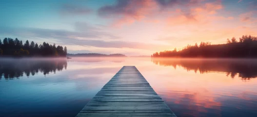Fototapete Rund Peaceful sunrise at the lake with a relaxed atmosphere on the jetty © Postproduction