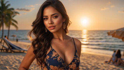 Portrait of a Beautiful Young Columbian Latina Instagram Model Woman in Swimsuit on a Beach at Sunset