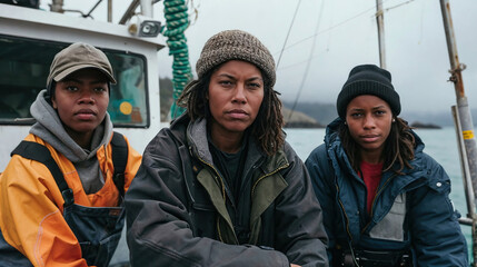 Portrait of women worker in a ship at sea. Generative AI image