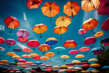 Fototapeta na wymiar Colourful umbrella on sky
