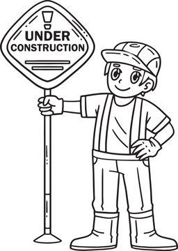 Construction Worker Holding Signage Isolated 
