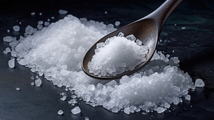 Close up of sea salt in a wooden spoon on black background.