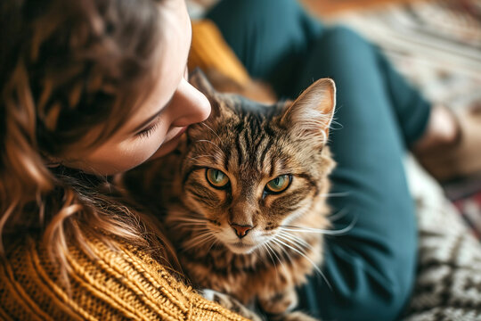 Tender moment between woman and her beloved cat. Generative AI image