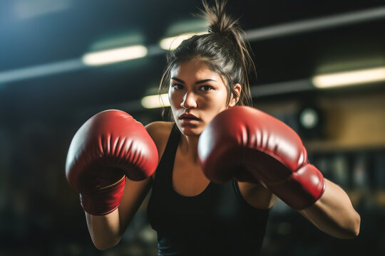 Generative AI image of a focused Hispanic female boxer in a defensive stance, ready to strike, with intense eyes looking at camera in a gym background