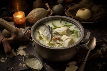 Traditional fish soup in rustic kitchen setting Generative AI image