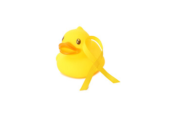 PNG,A yellow toy duck with a yellow ribbon, isolated on white background
