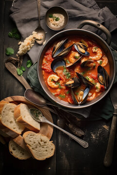 Rustic seafood stew with mussels and prawns Generative AI image