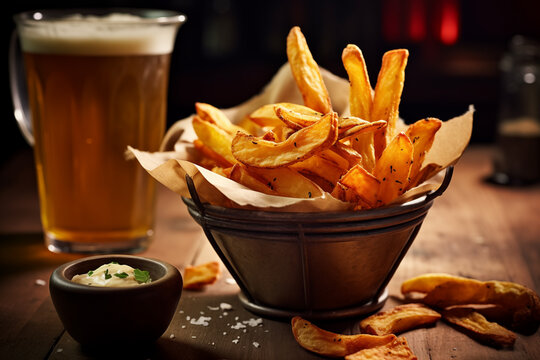 Rustic fries with dip and beer in a cozy setting Generative AI image