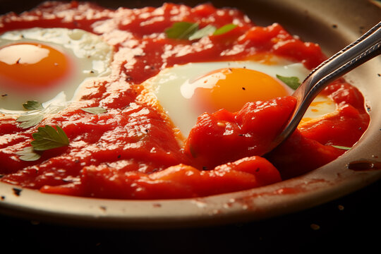 Delicious shakshuka with poached eggs in spicy tomato sauce Generative AI image