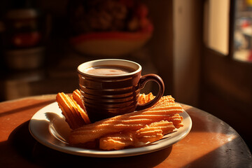 Cozy morning coffee and churros in warm sunlight Generative AI image