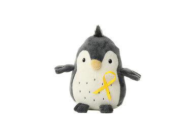 PNG, Toy soft penguin with a yellow ribbon, isolated on white background