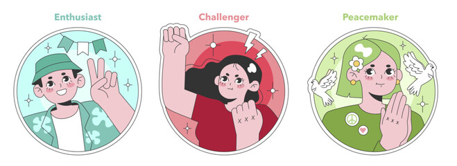 Enneagram set featuring Enthusiast, Challenger, Peacemaker. Vibrant characters depicting joy, strength, and calmness for personality mapping. Flat vector illustration - obrazy, fototapety, plakaty