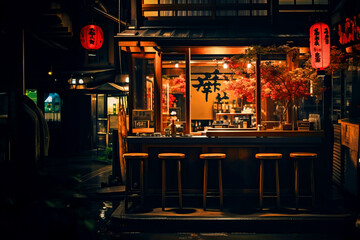 Asian bar with lanterns in an alley at night - obrazy, fototapety, plakaty